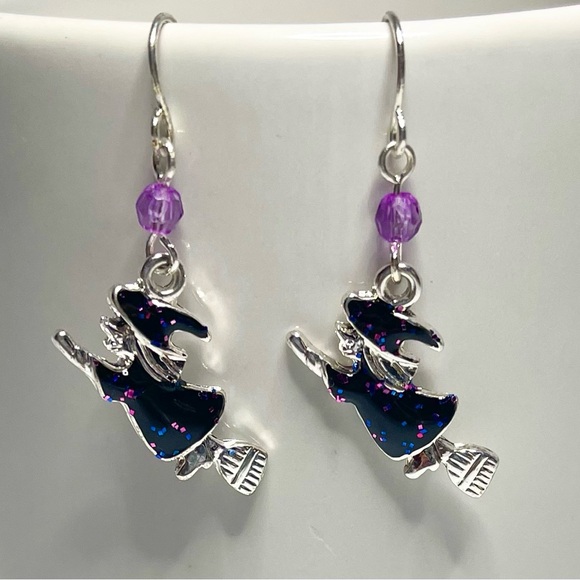 Spookies Brand Witch Dangle Earrings Silver with Iridescent Glitter Purple NWT - Picture 2 of 3